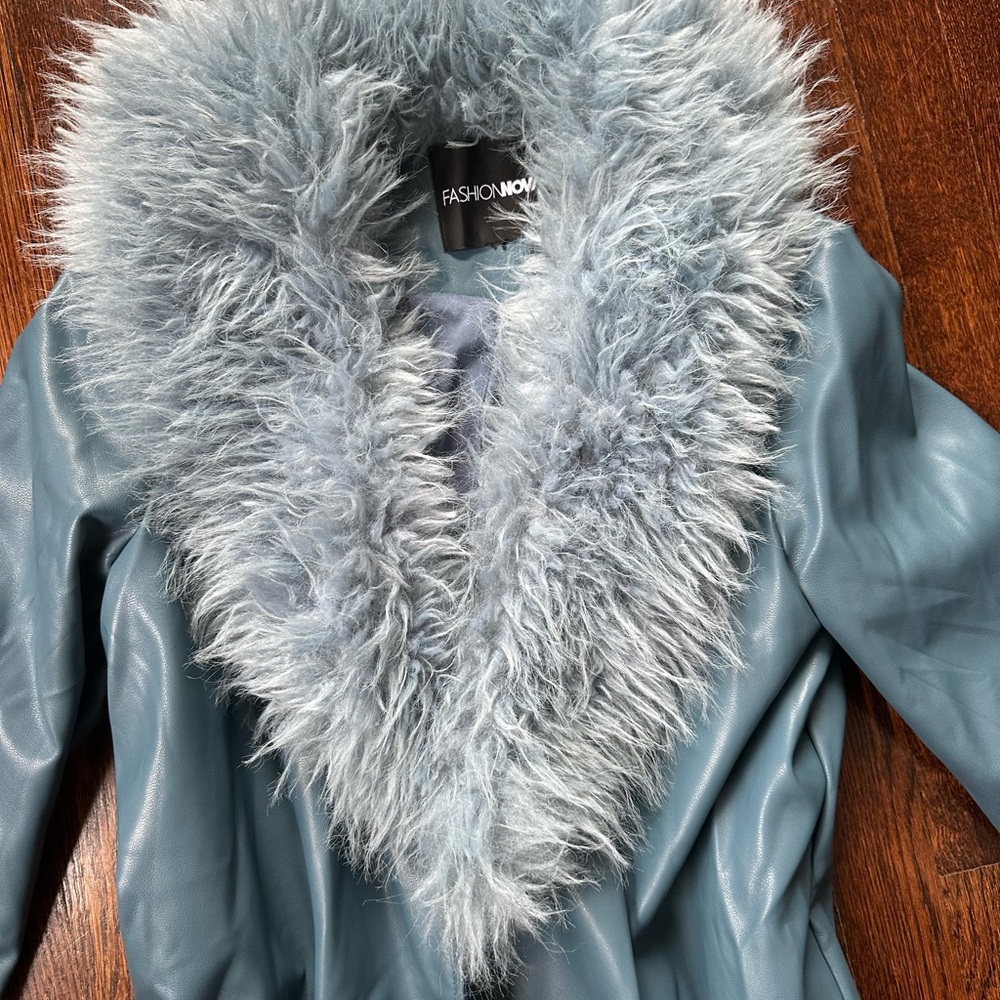 Fashion Nova Blue and Gray Leather Jacket with Faux Fur Collar